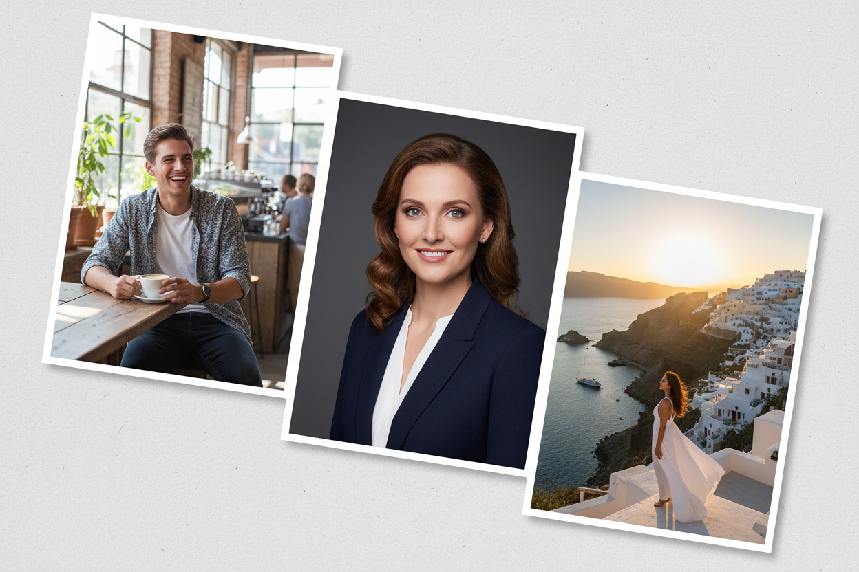 create a hyper-realistic collage of 3 photos that align with the websites services of ai lifestyle phos, ai headshots and ai exotic location photoshoots